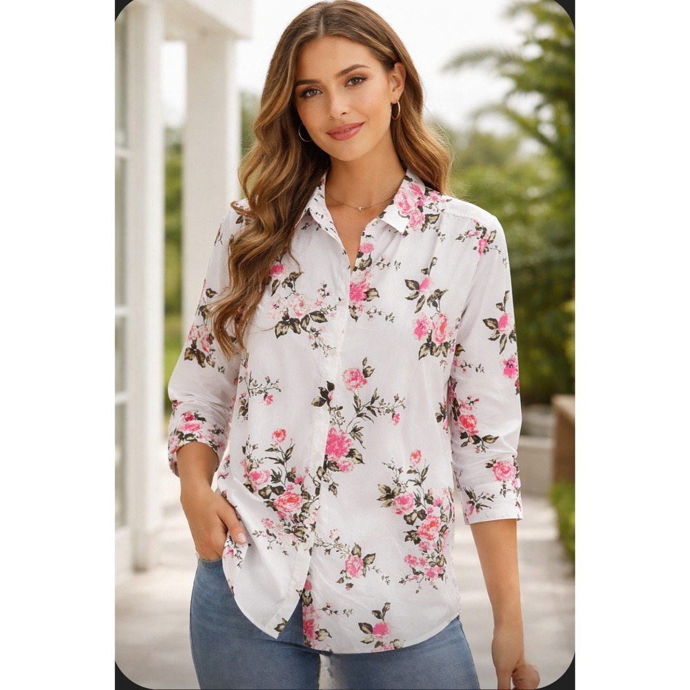 Roamans Pink Floral Rose Print Button Down Shirt White Long Sleeve Plus Size 24W